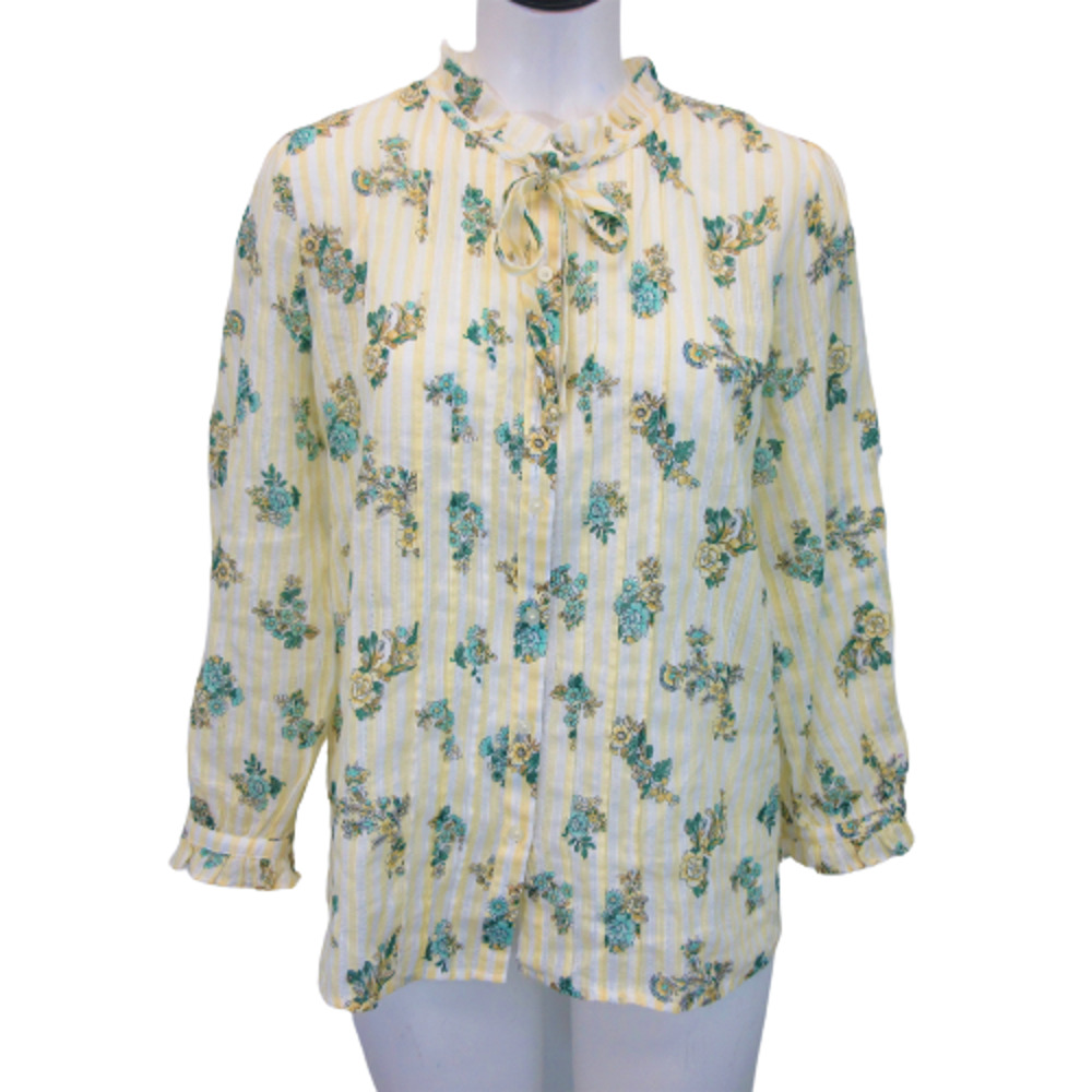 LOFT Womens Floral Top Medium Cottagecore Button Up Boho Blouse Yellow Ruffle